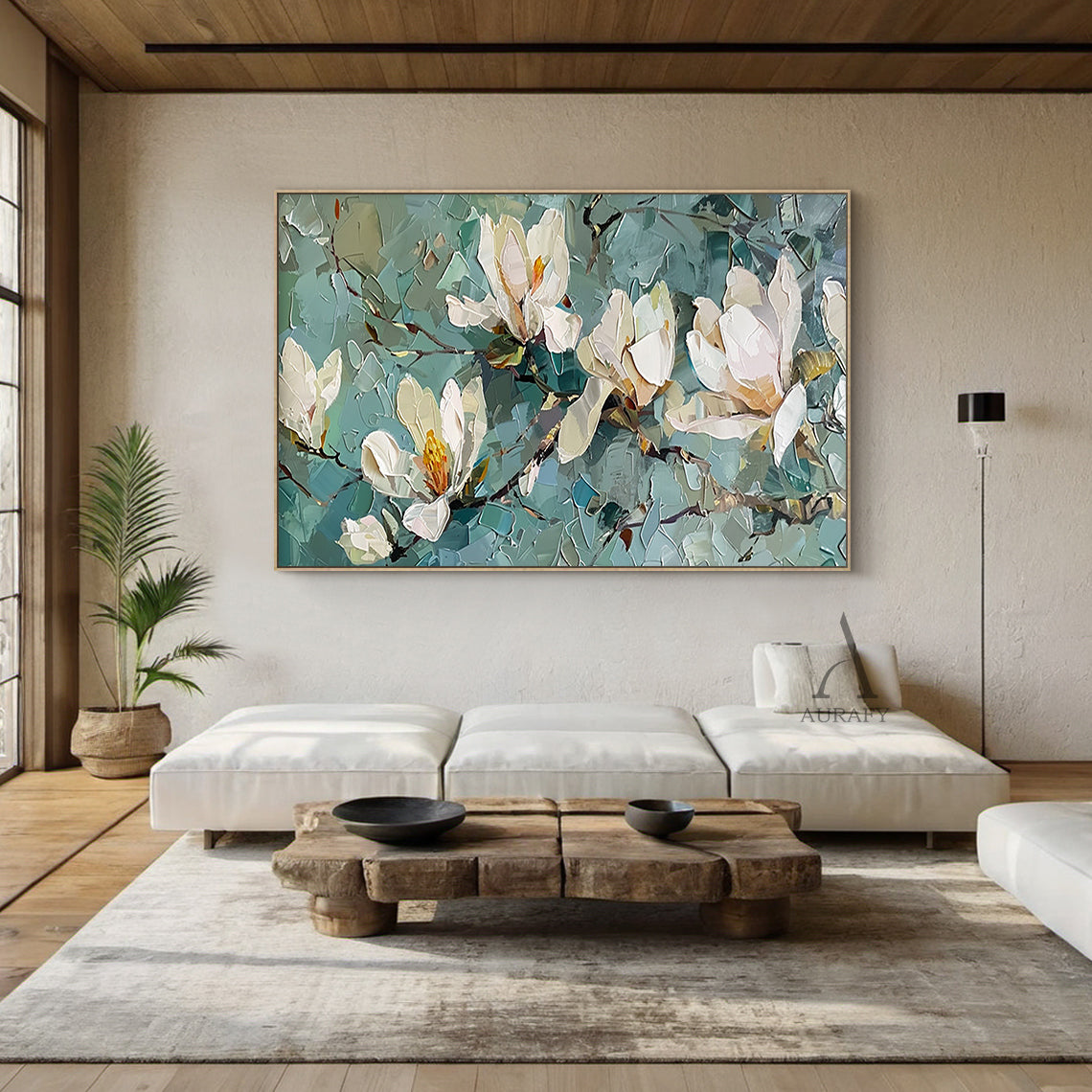 3D Textured Magnolia Painting Knife Strokes High-Relief Blue Green Tactile Modern Artwork AURA418