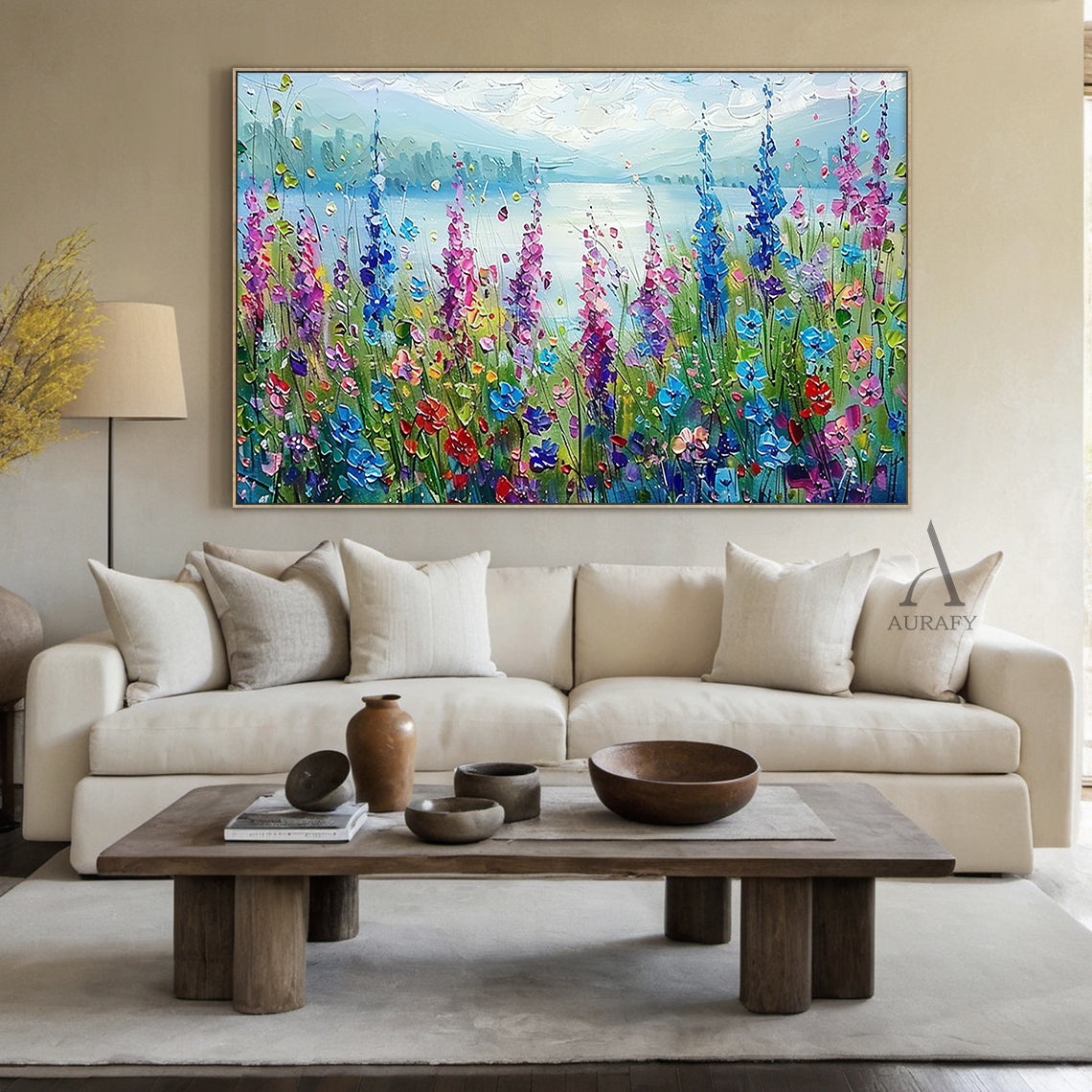 Colorful Landscape Art Impasto Knife Strokes Scenic Wildflower Lake Vibrant Impressionist Painting AURA414