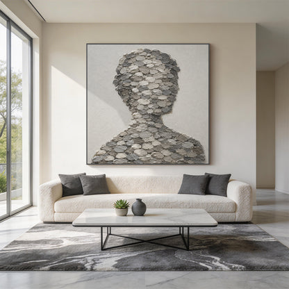 3D Textured Gray Plaster Wabi-Sabi Human Silhouette Knife Stroke Sculpted Canvas Minimalist Japandi Wall Art AURA703