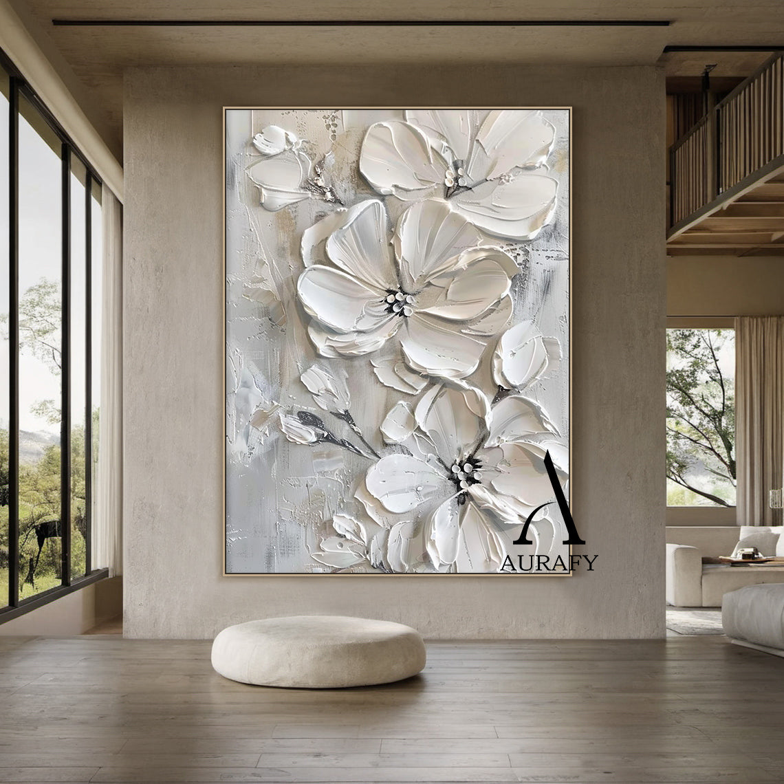 3D Textured Painting Gray White Abstract Floral Sculpted Canvas Tactile High-Relief Impasto Modern Organic Artwork AURA515