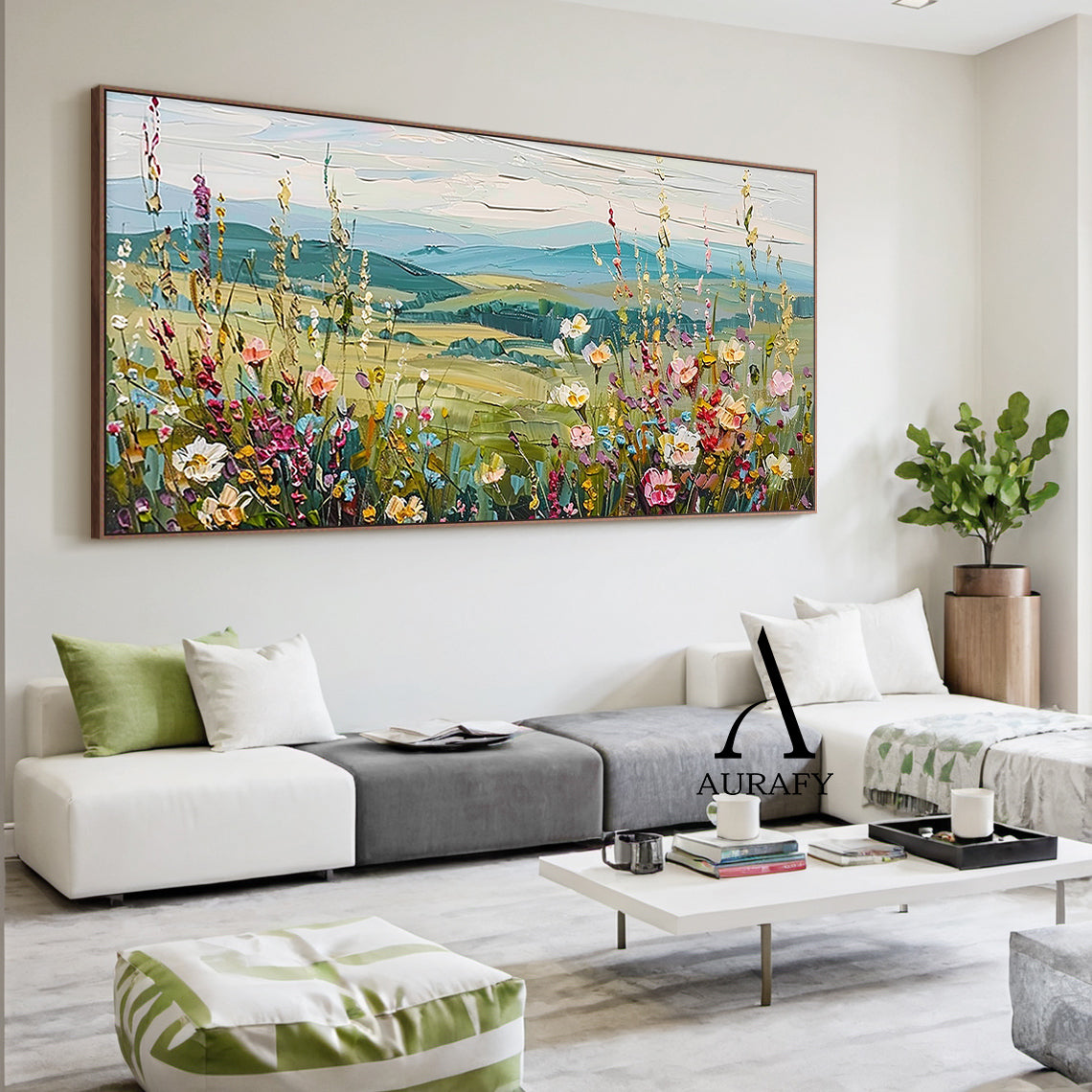 3D Textured Flower Painting with Knife Strokes High-Relief Tactile Green Pastoral Landscape Art AURA574