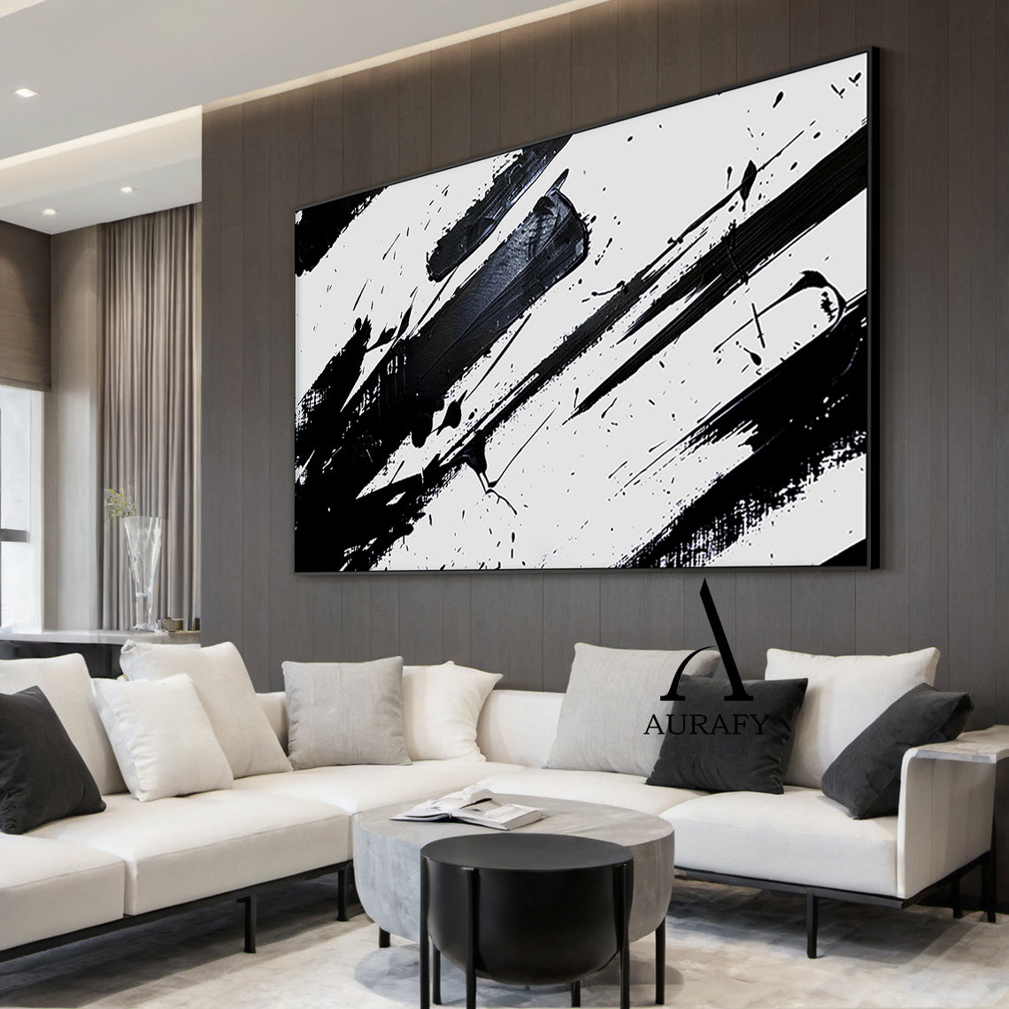 Minimalist Wall Art Black White Abstract Brushstroke Ink Splatter Dynamic Tactile Art AURA551