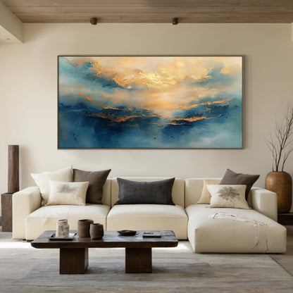 Textured Blue Gold Abstract Landscape Plaster Knife Stroke Japandi Wall Art Minimalist Luxe Home Decor AURA709