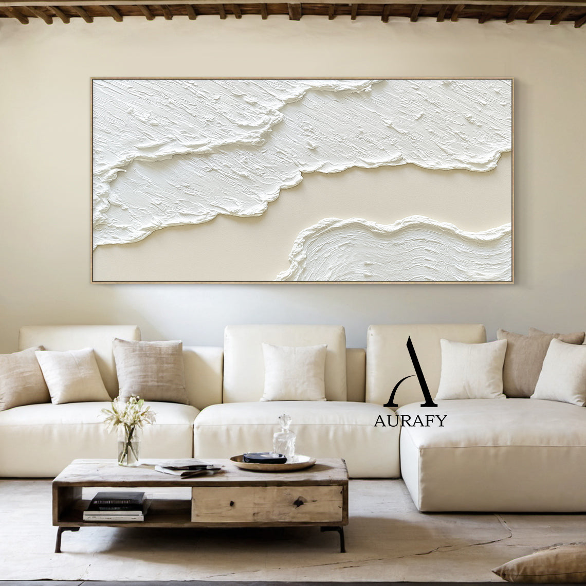 3D Textured Painting White Beige High-Relief Plaster Tactile Surface Wabi-Sabi Modern Organic Artwork AURA512