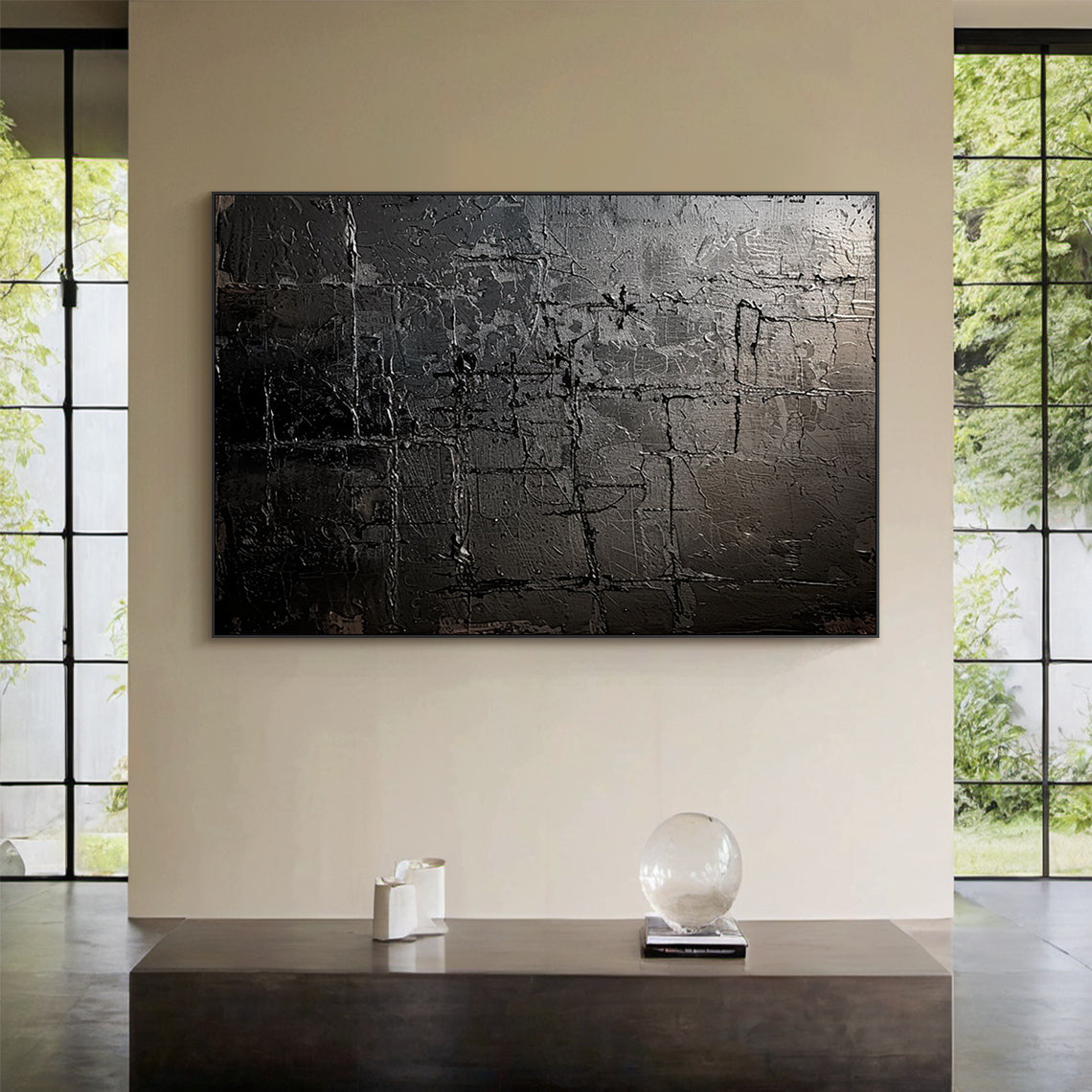 Monochrome Grid Texture Wall Art – Onyx & Charcoal Tones – AURA032(Horizontal)