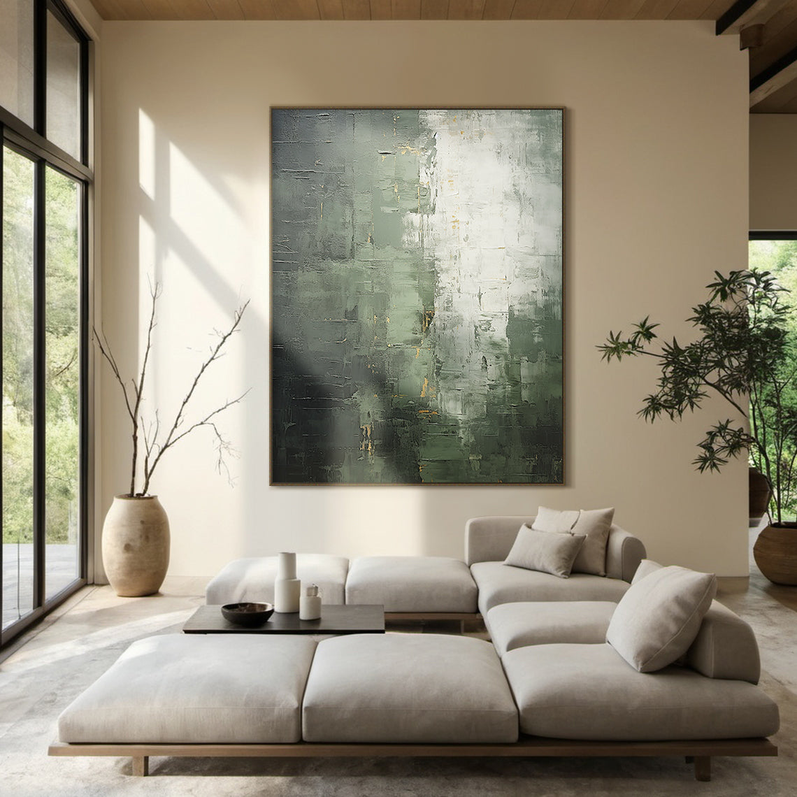 Verdant Patina-Green & Gray Wabi-Sabi Art-AURA076