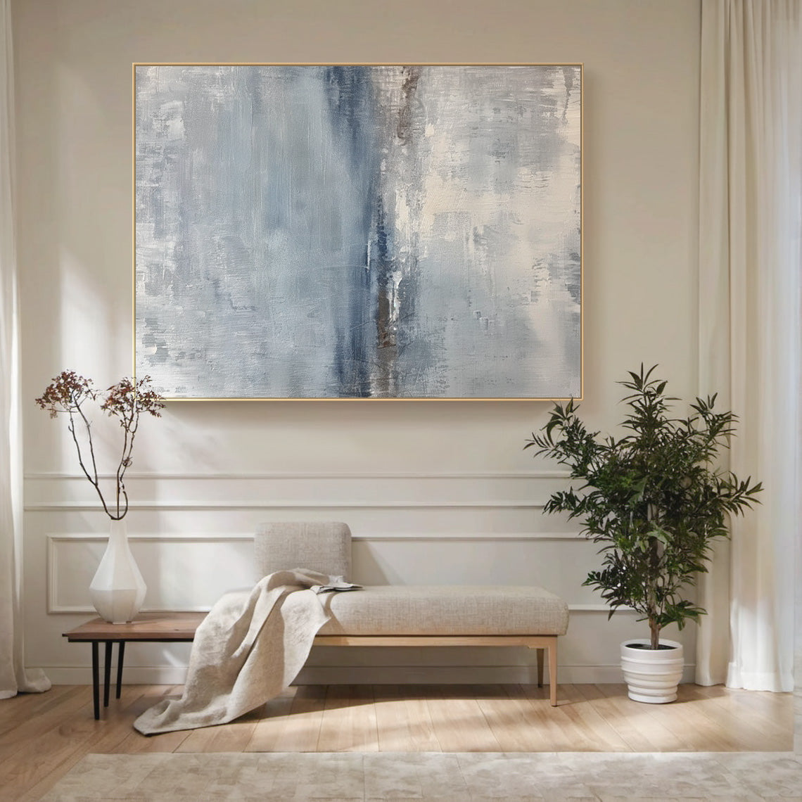 Abstract Seascape Texture Painting – Misty Blue & Taupe Canvas – AURA034(Horizontal)