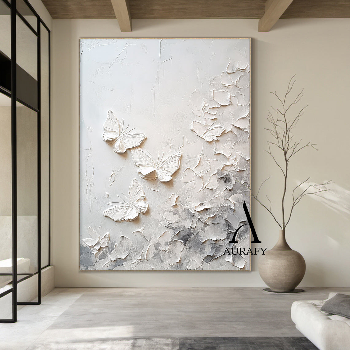 3D Textured Beige Butterfly Painting High-Relief Tactile Surface Modern Organic Minimalist Luxe Art AURA532