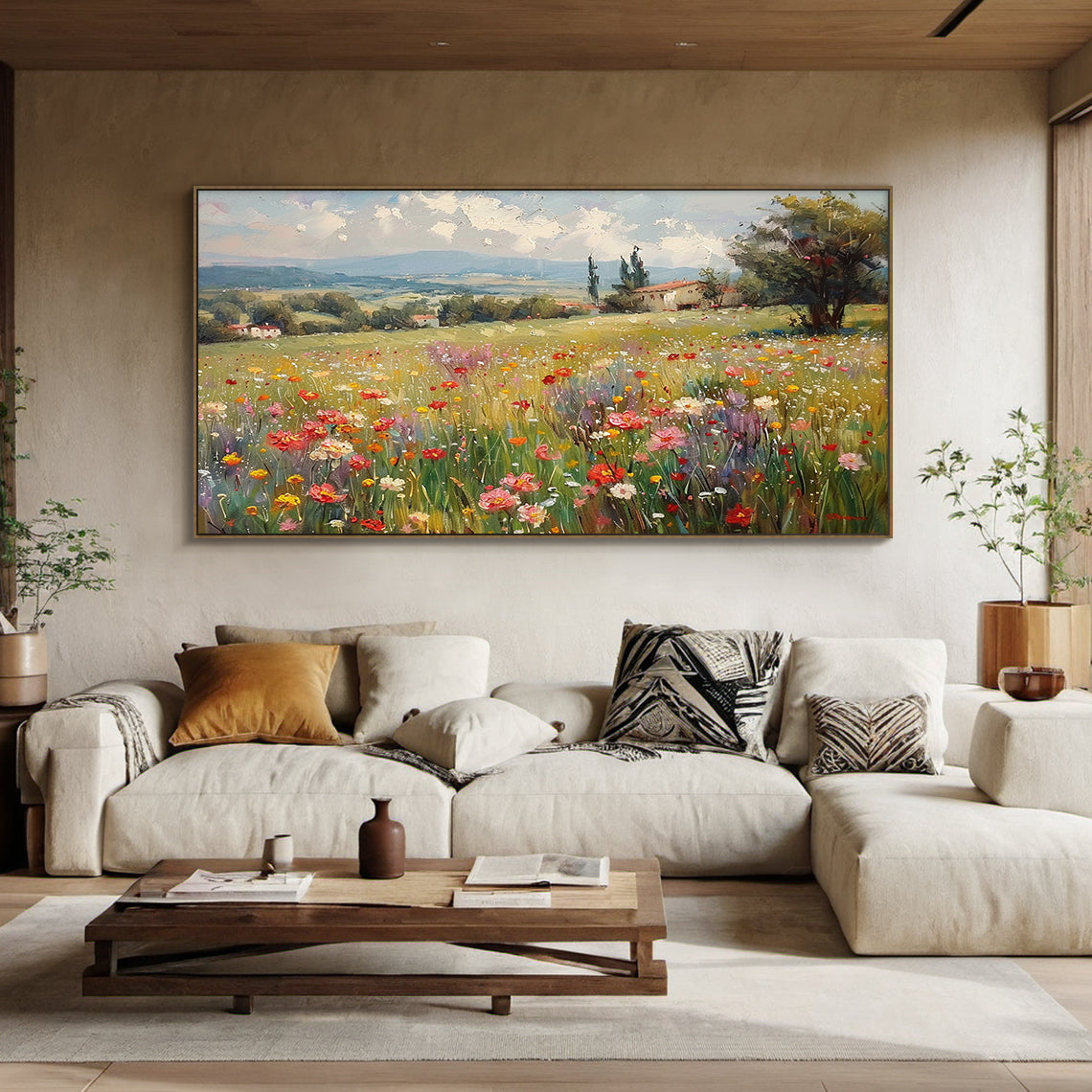 Textured Impressionist Green Yellow Wildflower Landscape Knife Painted Canvas Wall Art For Modern Organic Decor AURA714