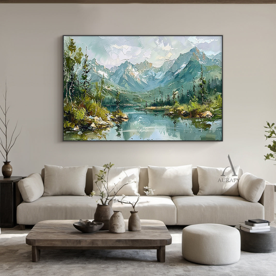 Green Landscape Oil Painting Modern Organic Visible Brushstrokes Lush Mountain Lake Art AURA421