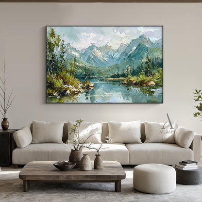 Green Landscape Oil Painting Modern Organic Visible Brushstrokes Lush Mountain Lake Art AURA421