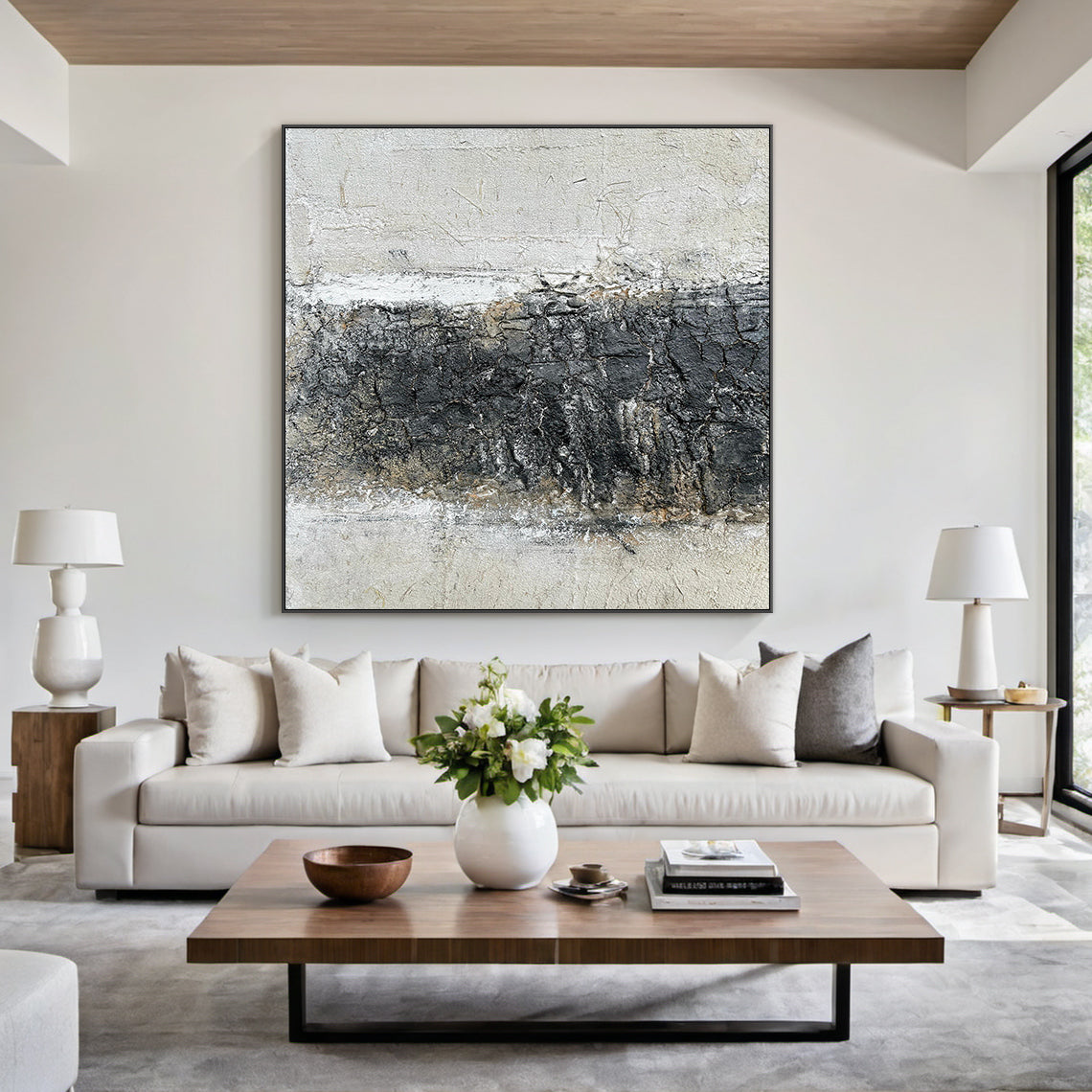 Wabi Sabi Abstract Wall Art Beige Black Textured Home Decor AURA219