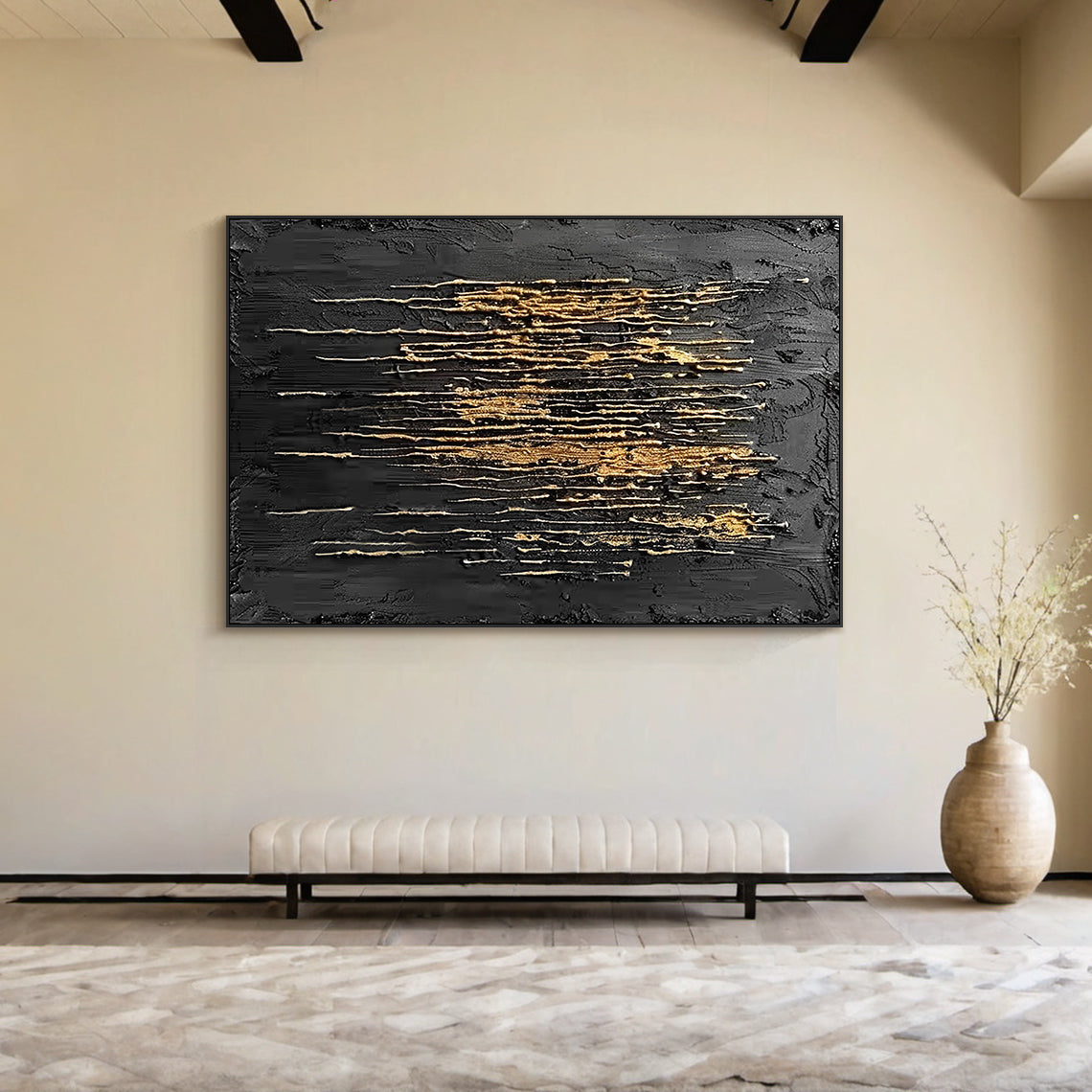 Metallic Drip Texture Canvas – Charcoal & Gold Accents – AURA031(Horizontal)