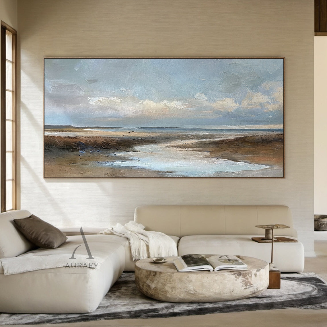 Blue Brown Knife Stroke Coastal Landscape Wabi-Sabi Textured Canvas Minimalist Oil Wall Art Decor AURA741