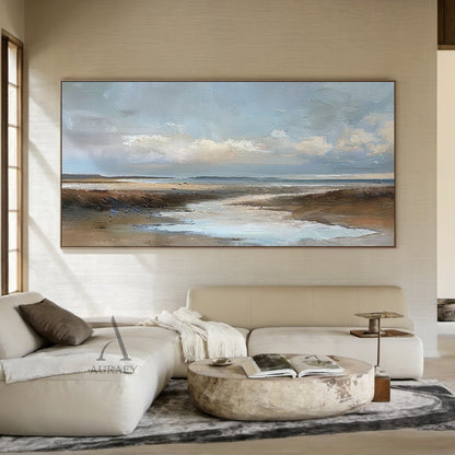 Blue Brown Knife Stroke Coastal Landscape Wabi-Sabi Textured Canvas Minimalist Oil Wall Art Decor AURA741