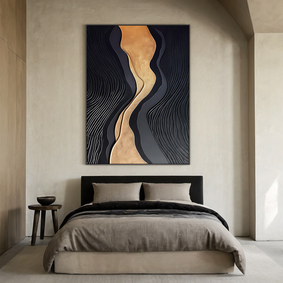 Metallic Topography Painting – Onyx & Gold Accents – AURA033(Vertical)