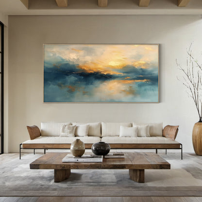 Blue Textured Landscape Art Knife Stroke Gold Sunset Canvas Japandi Minimalist Coastal Wall Artwork Decor AURA708