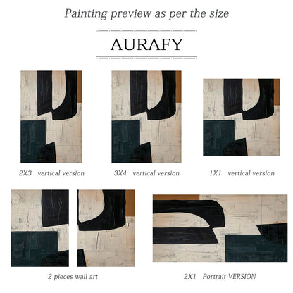 Black Curved Forms on Beige Abstract Wall Art with Deep Teal - AURA840