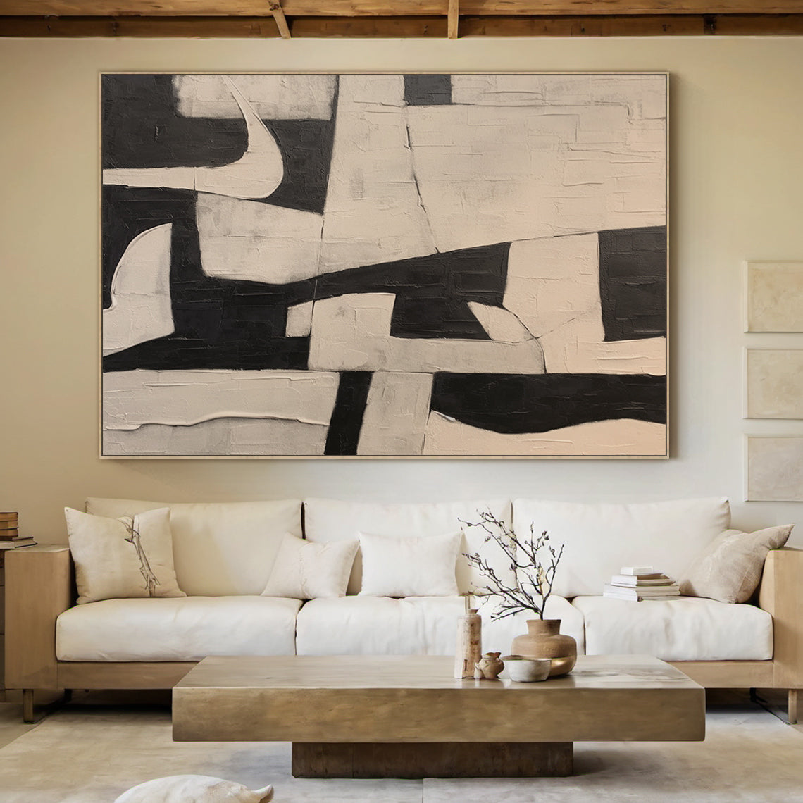 Abstract Geometric Texture Canvas – Noir & Sand painting – AURA050(Horizontal)