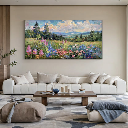 Green Wildflower Mountain Landscape Impasto Knife Stroke Oil Painting Textured Canvas Modern Organic Wall Art AURA713