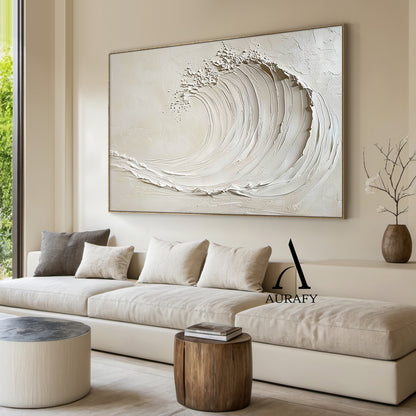 3D Textured Beige AurafyArt Wave Painting Impasto Knife Strokes Sculpted Tactile High-Relief Minimalist AURA534