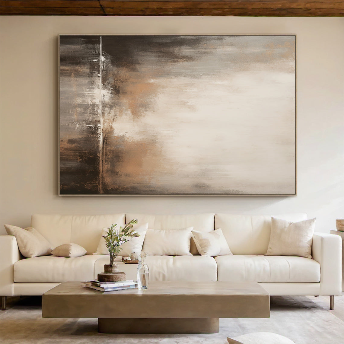 Wabi-Sabi Horizon Abstraction – Sandstone Umber & Mist Grey painting – AURA018(Horizontal)