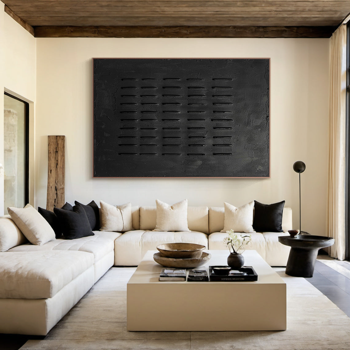 Monochrome Linear Texture Canvas-Deep Matte Black-AURA003