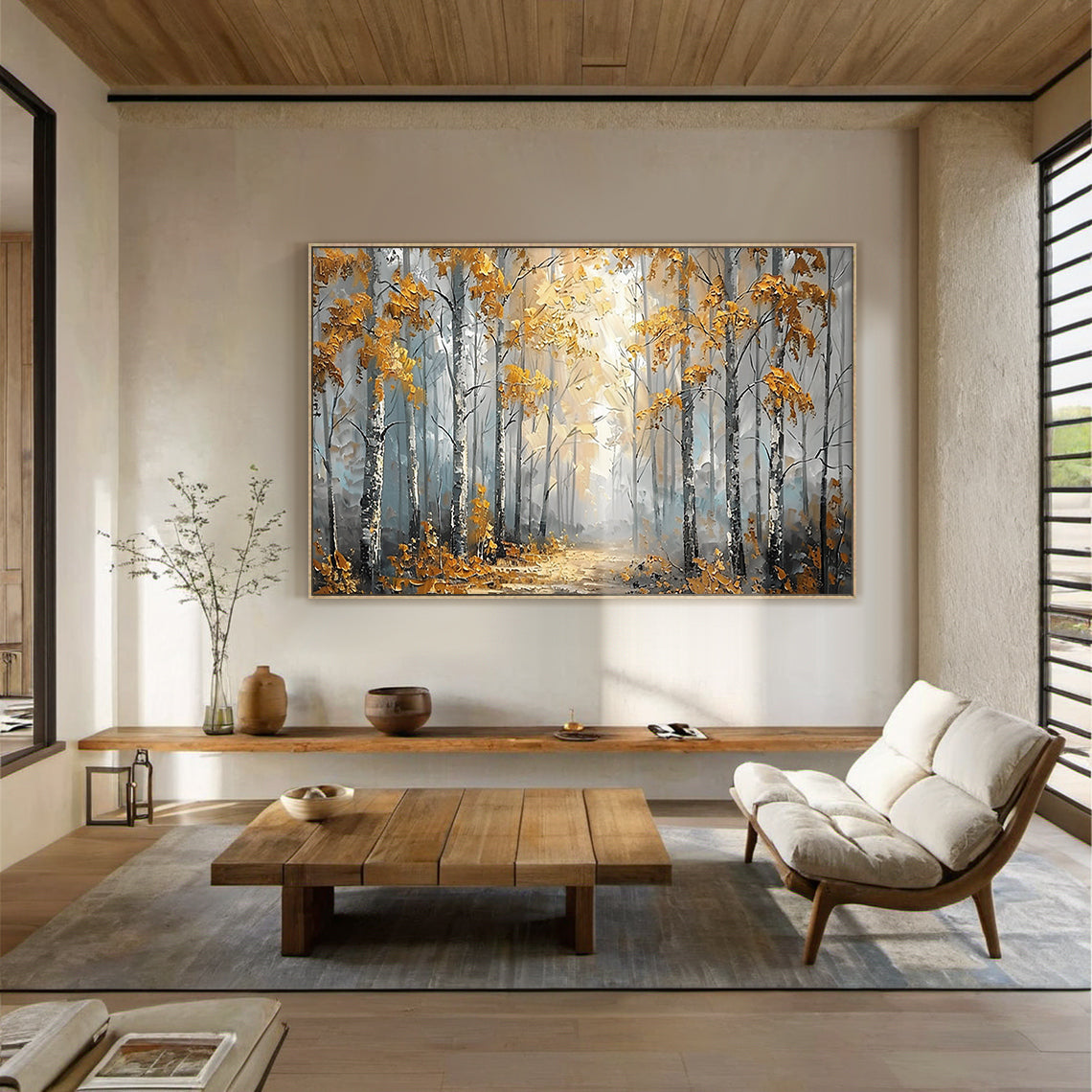 Plaster Textured Autumn Birch Forest Knife Stroke Wabi-Sabi Yellow Brown Gray Canvas Wall Art AURA716