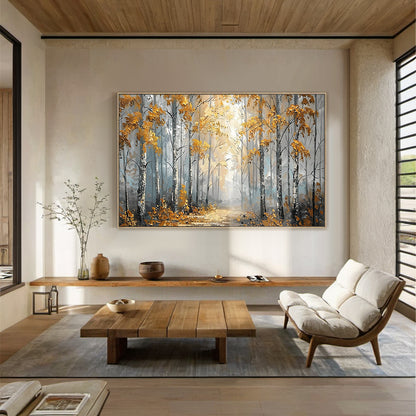 Plaster Textured Autumn Birch Forest Knife Stroke Wabi-Sabi Yellow Brown Gray Canvas Wall Art AURA716