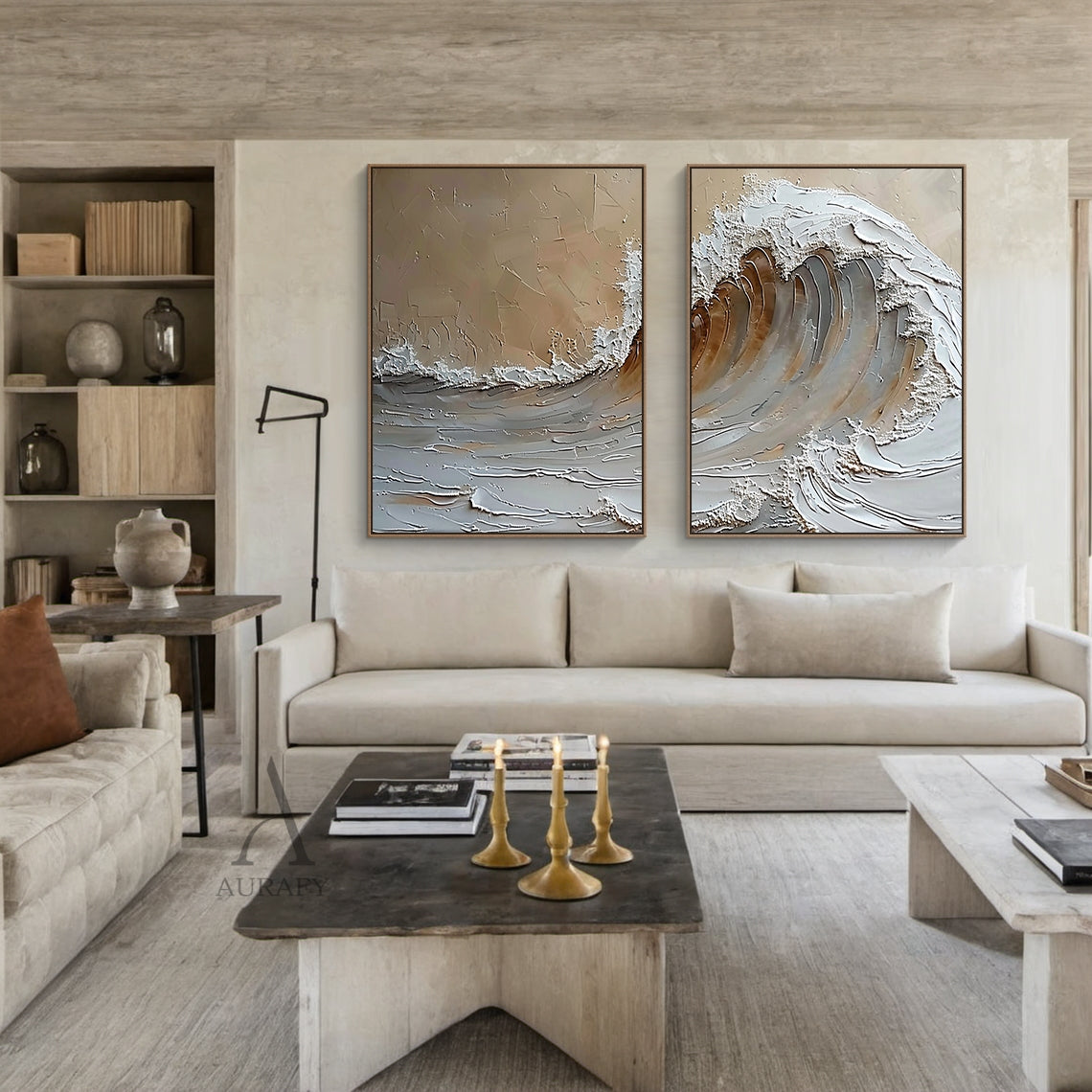 Brown Textured Ocean Wave Wall Art Set of 2 - AURA670