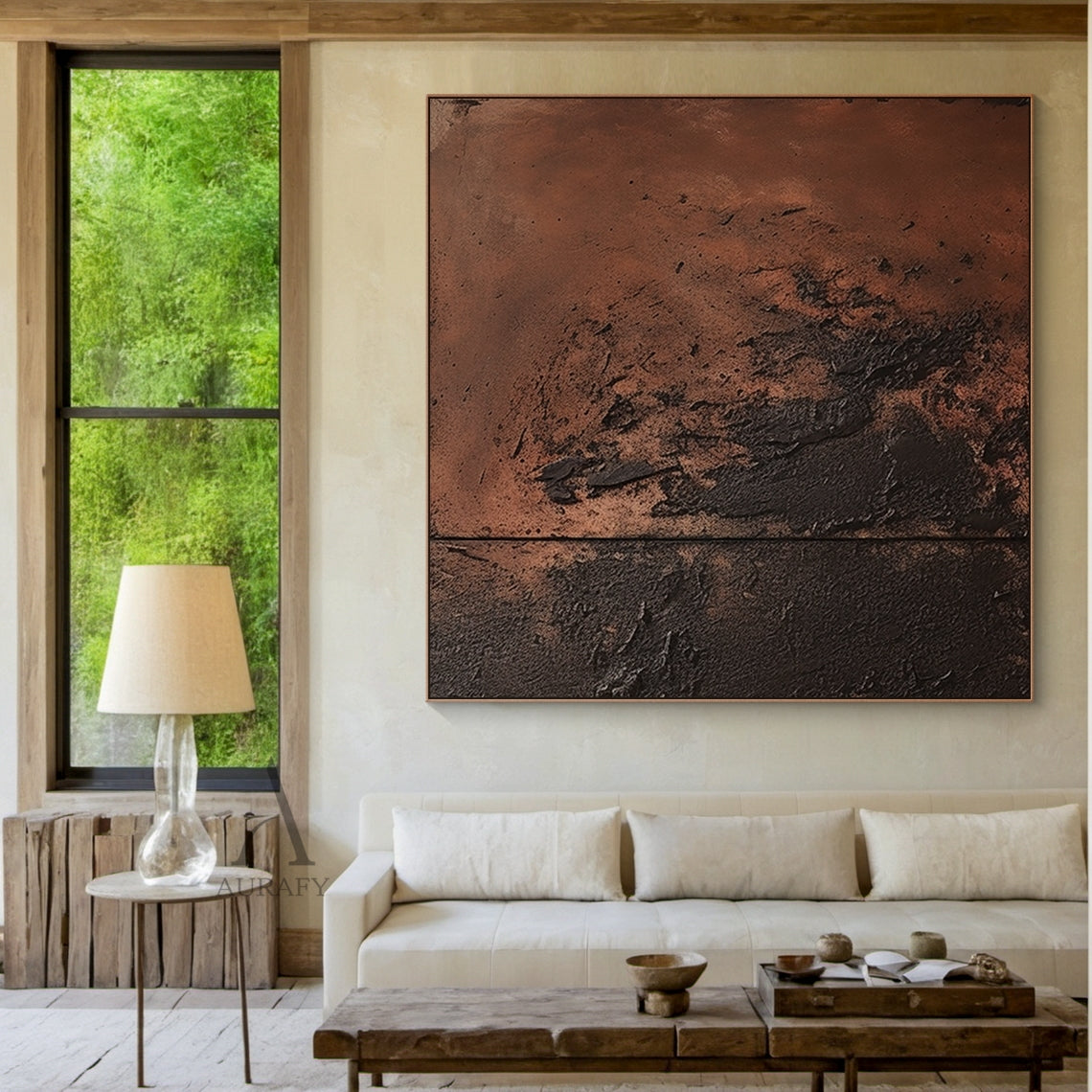Red Brown Abstract Painting with a Sweeping Dark Textured Mass - AURA846