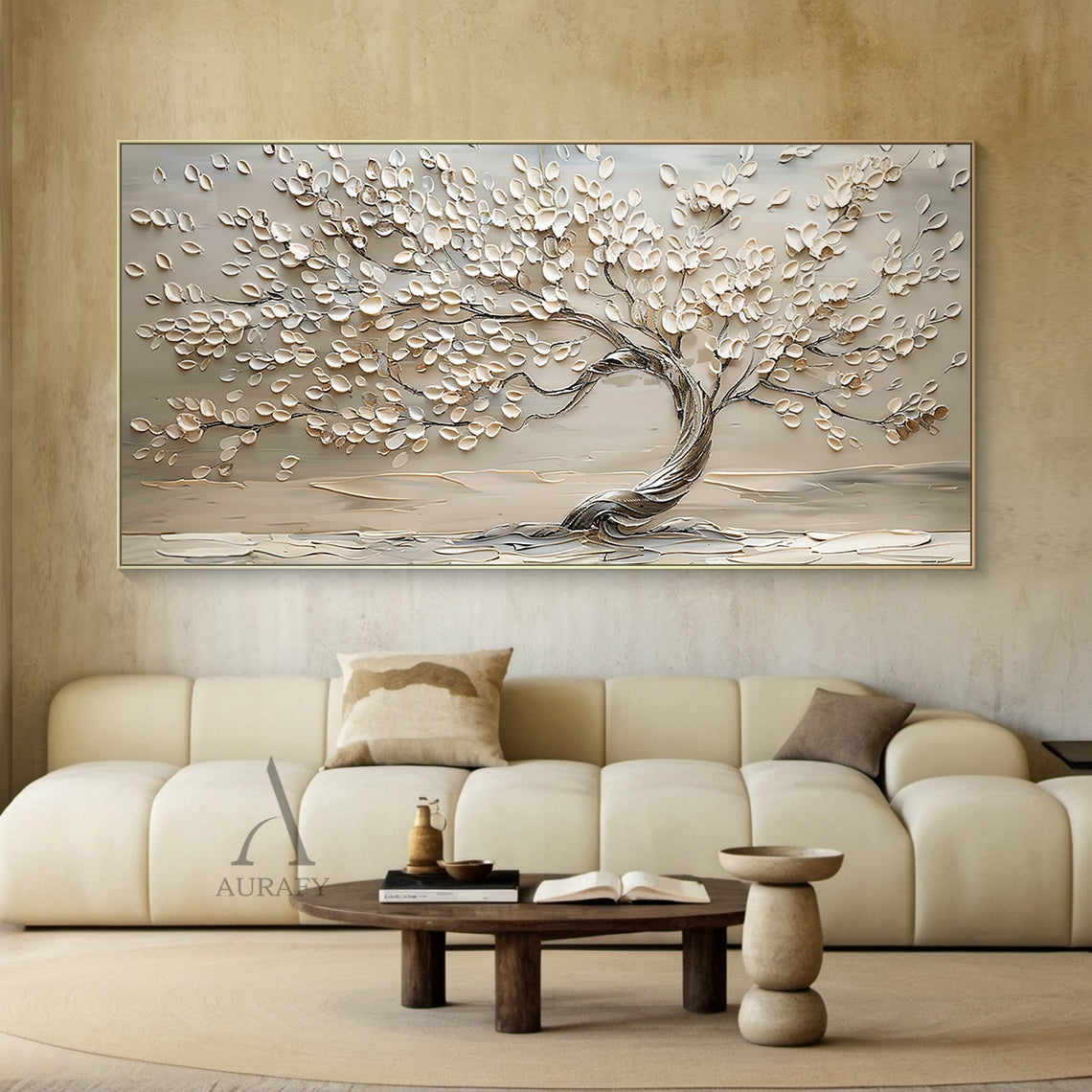 3D Textured Beige Tree Painting High-Relief Sculpted Tactile Surface Modern Organic Luxe AURA467