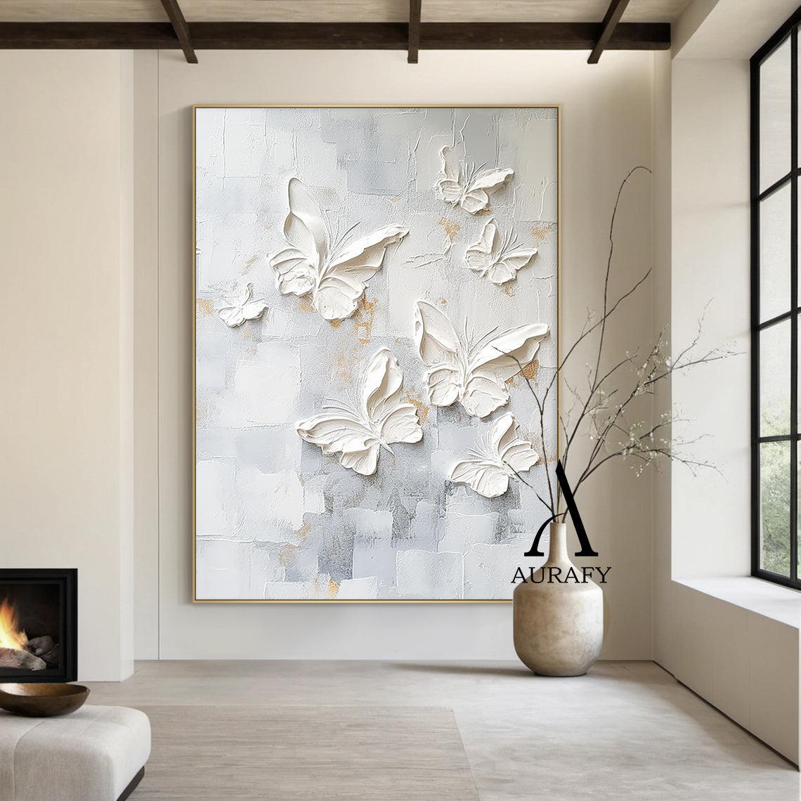 3D Textured Butterfly Art High-Relief Impasto White Beige Modern Minimalist Luxe Painting with Gold Accents AURA531