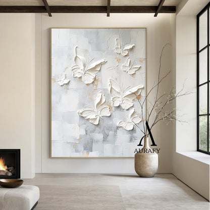 3D Textured Butterfly Art High-Relief Impasto White Beige Modern Minimalist Luxe Painting with Gold Accents AURA531