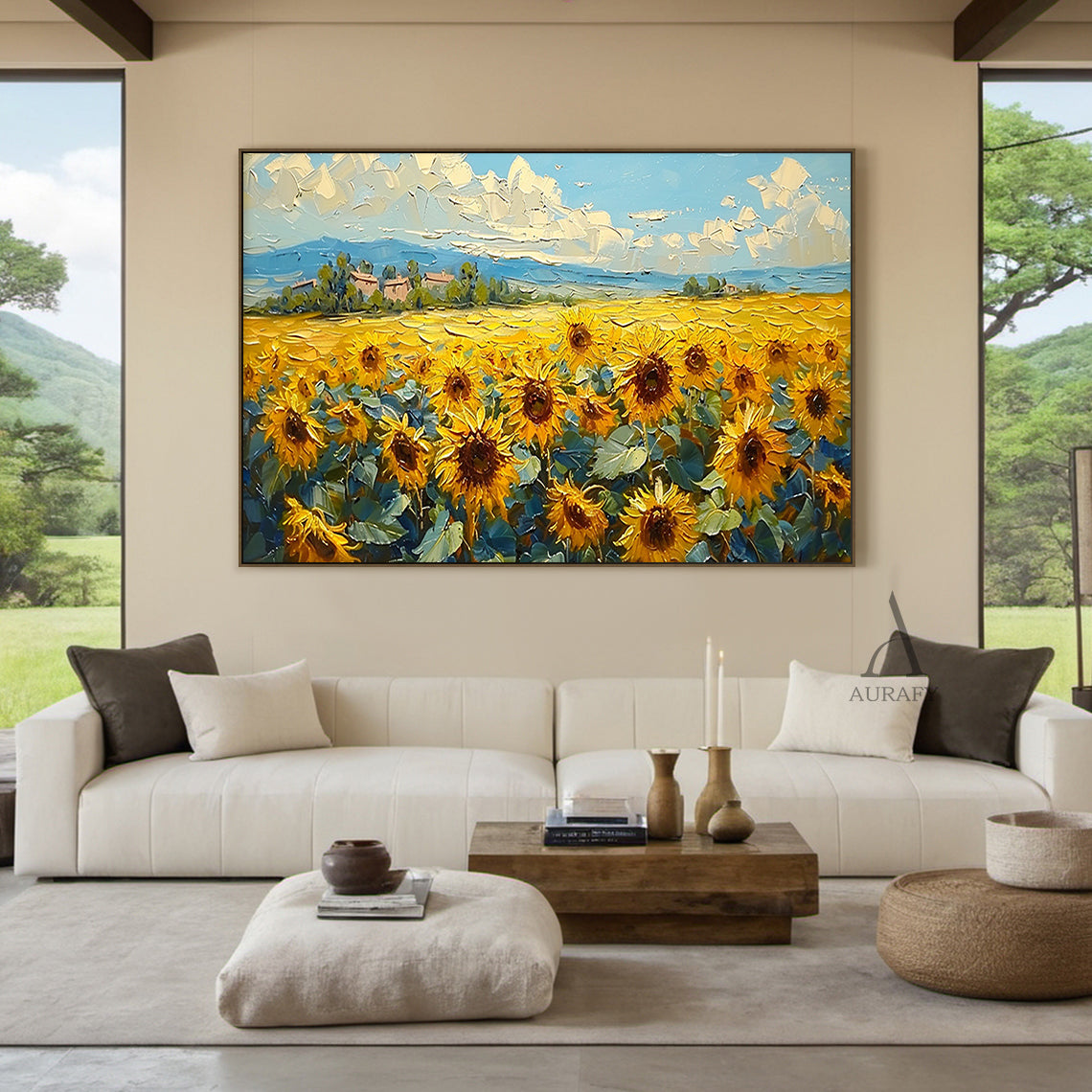 Yellow Sunflower Landscape Impasto Oil Painting Tactile Knife Strokes Rural Countryside Distant Mountains Blue Sky AURA419