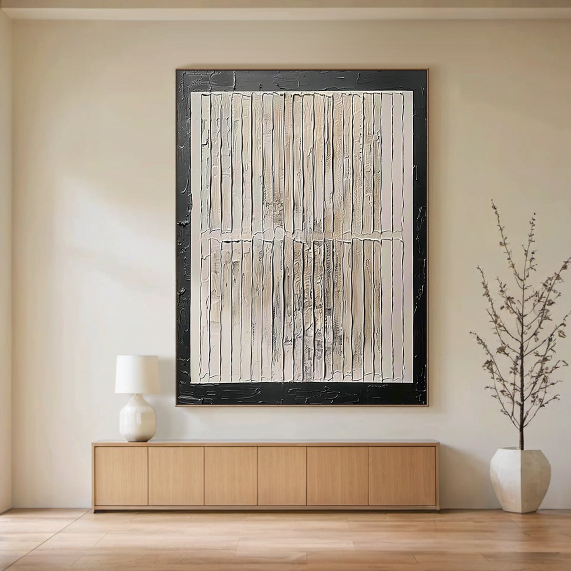 Minimalist Grid Textural Canvas – Cream & Black Accent – AURA006(Vertical)