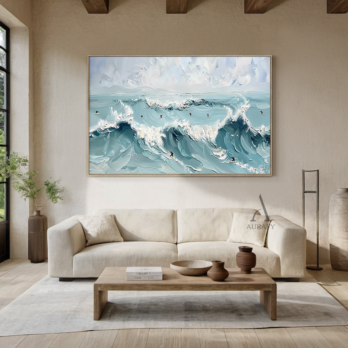Blue Ocean Surf Art Thick Impasto Palette Knife Modern Expressionism Tactile Waves Surfers AURA415