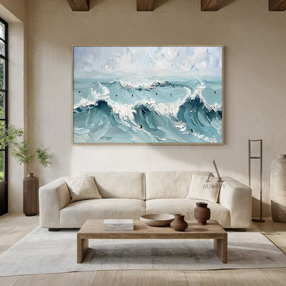 Blue Ocean Surf Art Thick Impasto Palette Knife Modern Expressionism Tactile Waves Surfers AURA415
