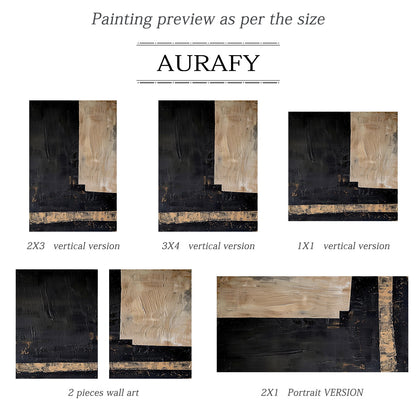 Black Abstract Wall Art with a Striated Beige Panel and Band - AURA843