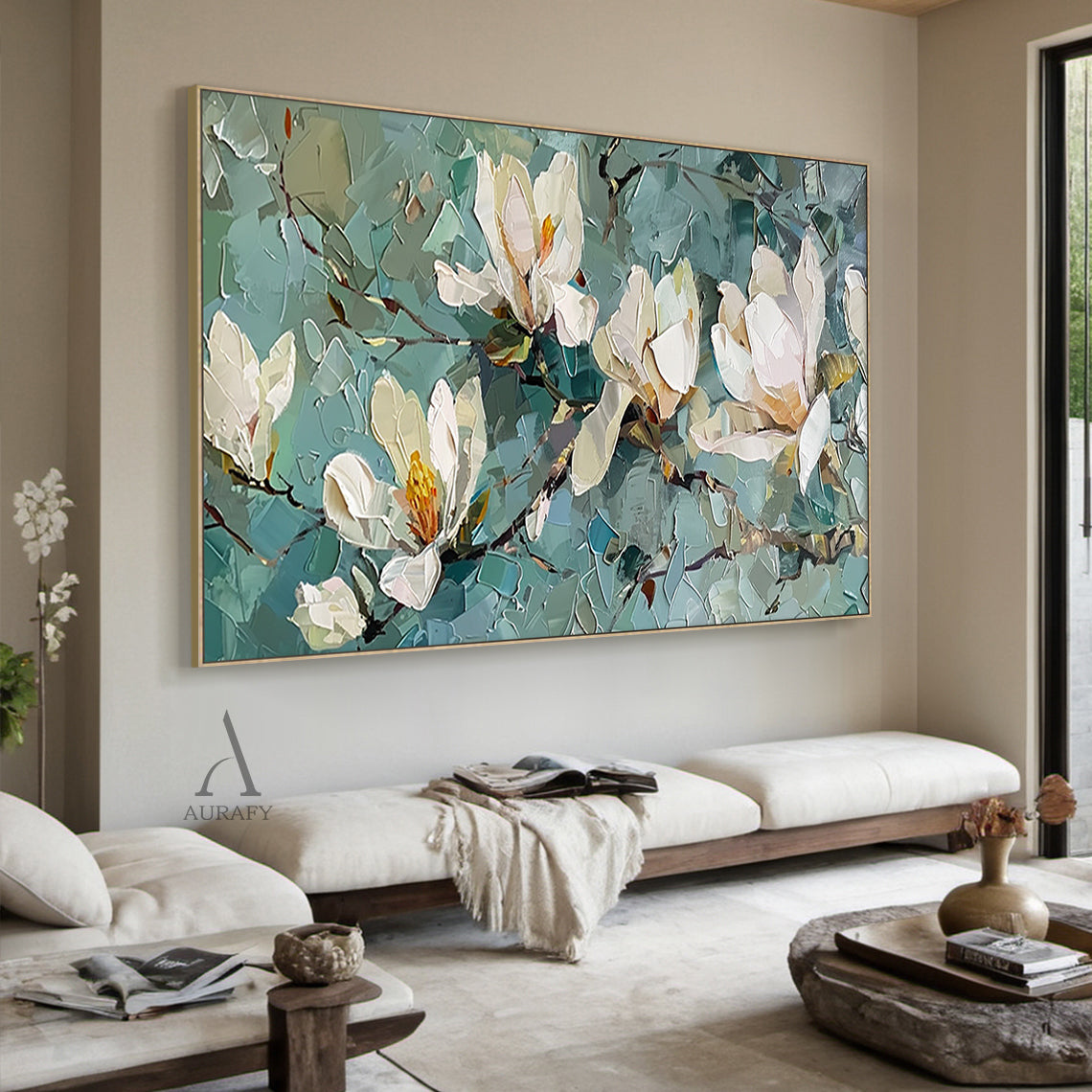 3D Textured Magnolia Painting Knife Strokes High-Relief Blue Green Tactile Modern Artwork AURA418