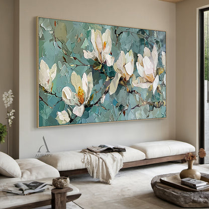 3D Textured Magnolia Painting Knife Strokes High-Relief Blue Green Tactile Modern Artwork AURA418