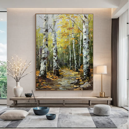 Textured Green Brown Landscape Birch Forest Knife Strokes Oil Painting Tactile Canvas Wabi-Sabi Wall Art AURA744
