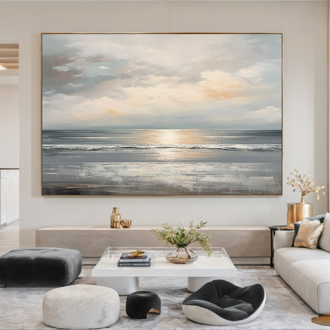Quiet Horizon-Gray Waves & Sky Abstract Art-AURA126