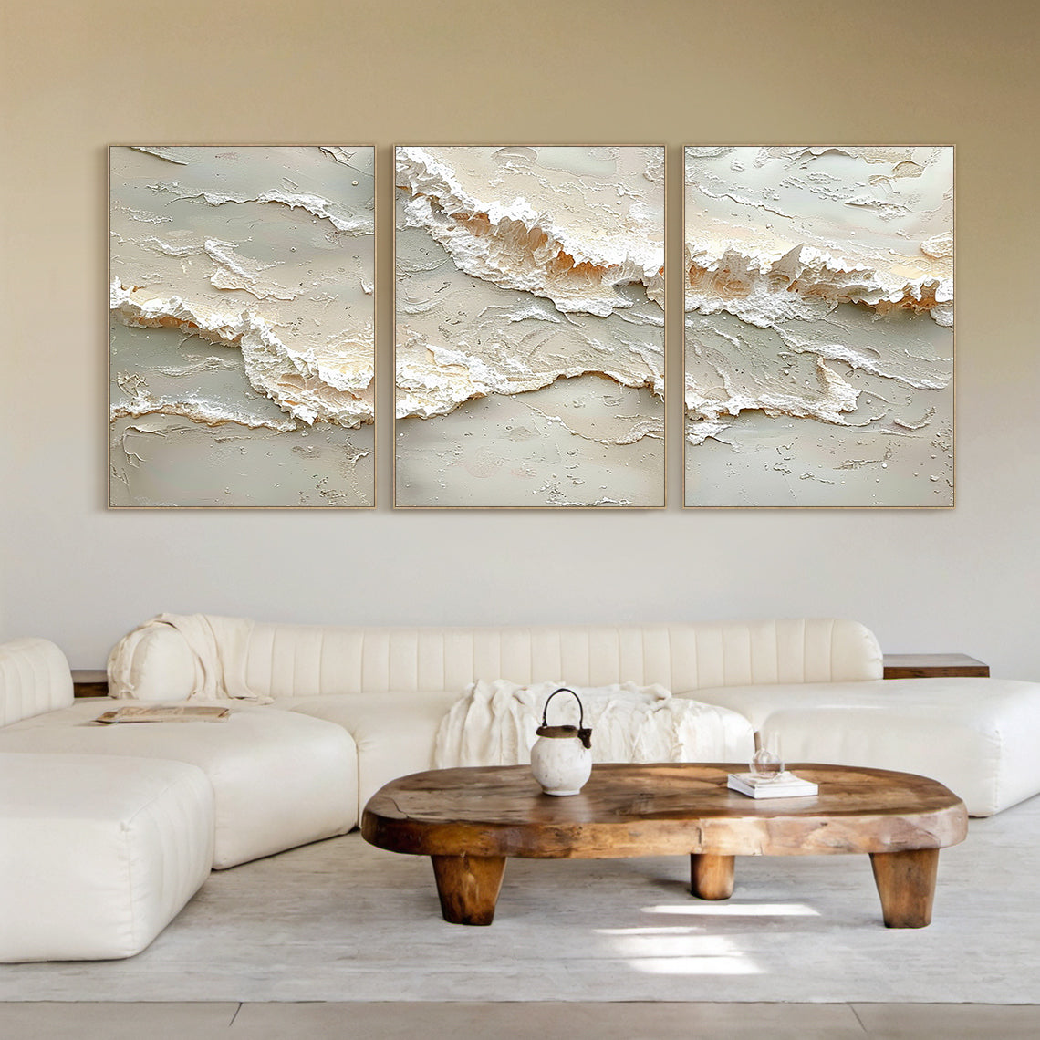 Beige 3D Textured Abstract Painting Triptych Living Room Wall Art AURA166