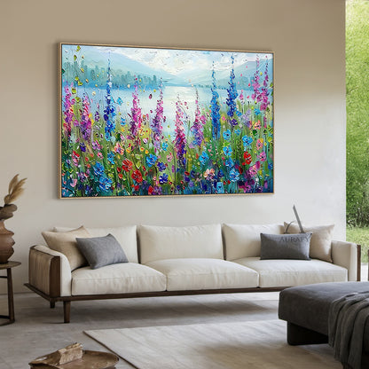 Colorful Landscape Art Impasto Knife Strokes Scenic Wildflower Lake Vibrant Impressionist Painting AURA414
