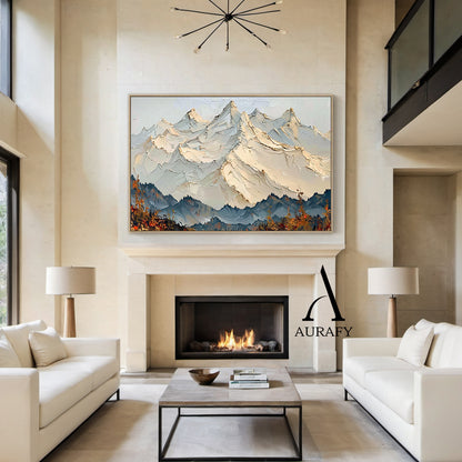 3D Textured Mountain Landscape Thick Impasto Knife Strokes Beige Blue Sculpted Tactile Canvas AURA514