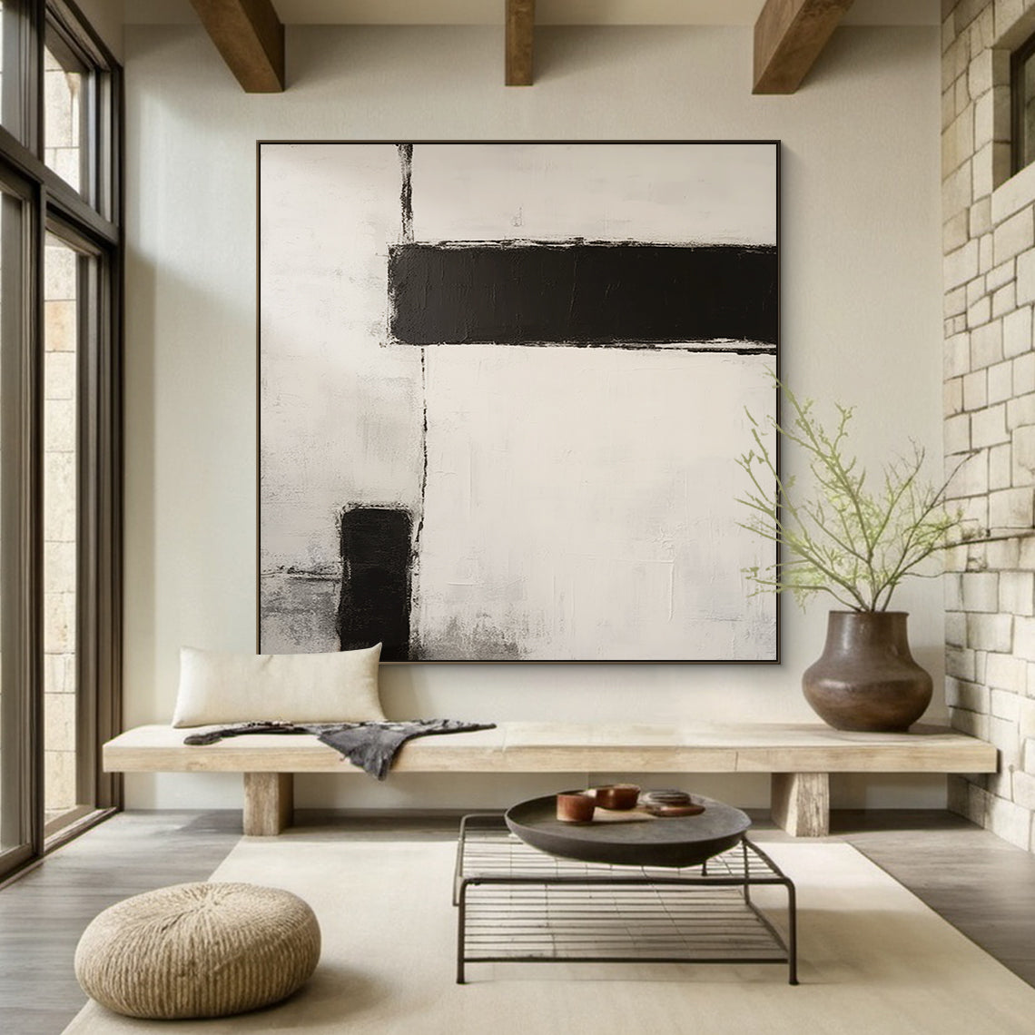 Silence Geometry – Ivory & Charcoal Minimal Abstraction – AURA112(Square)