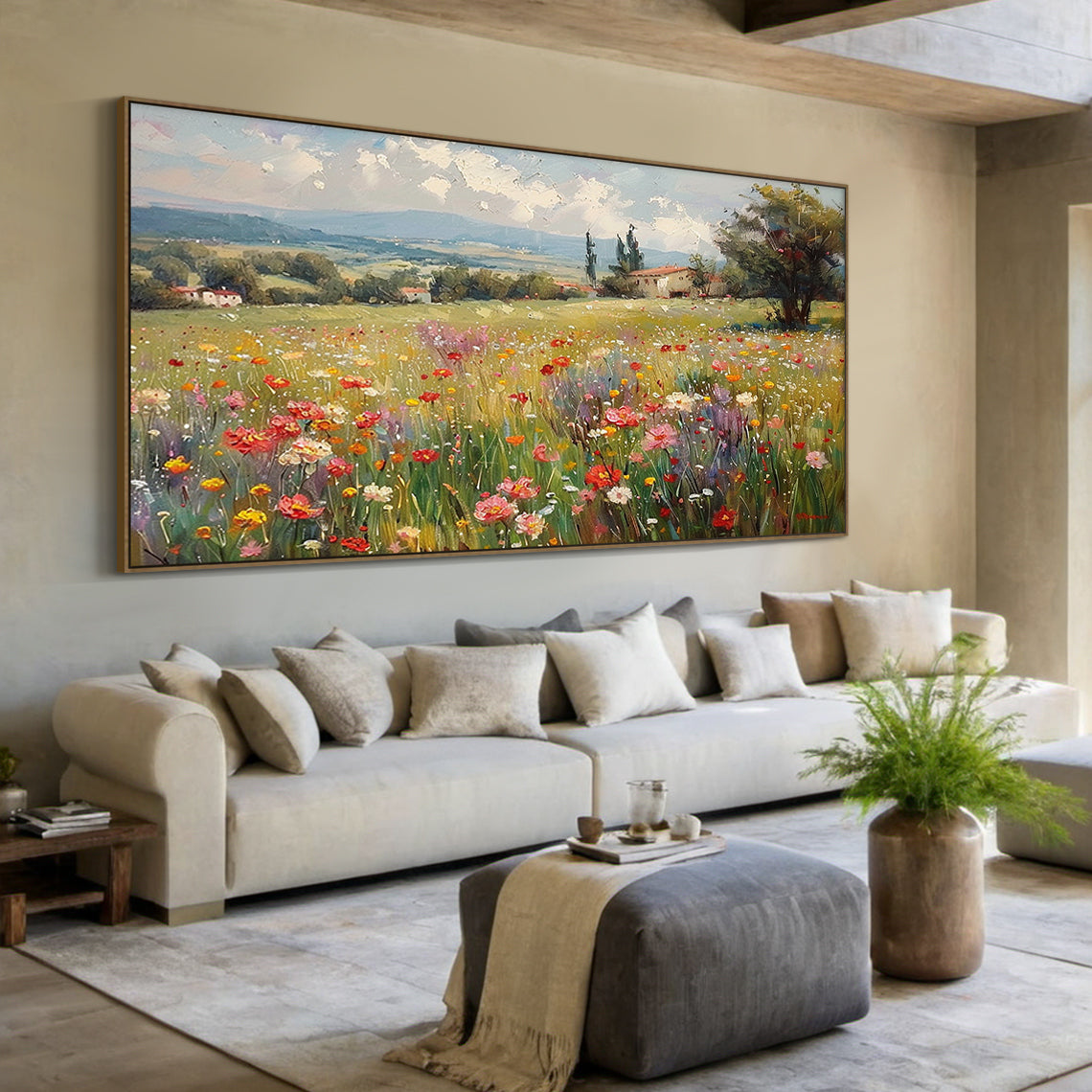 Textured Impressionist Green Yellow Wildflower Landscape Knife Painted Canvas Wall Art For Modern Organic Decor AURA714