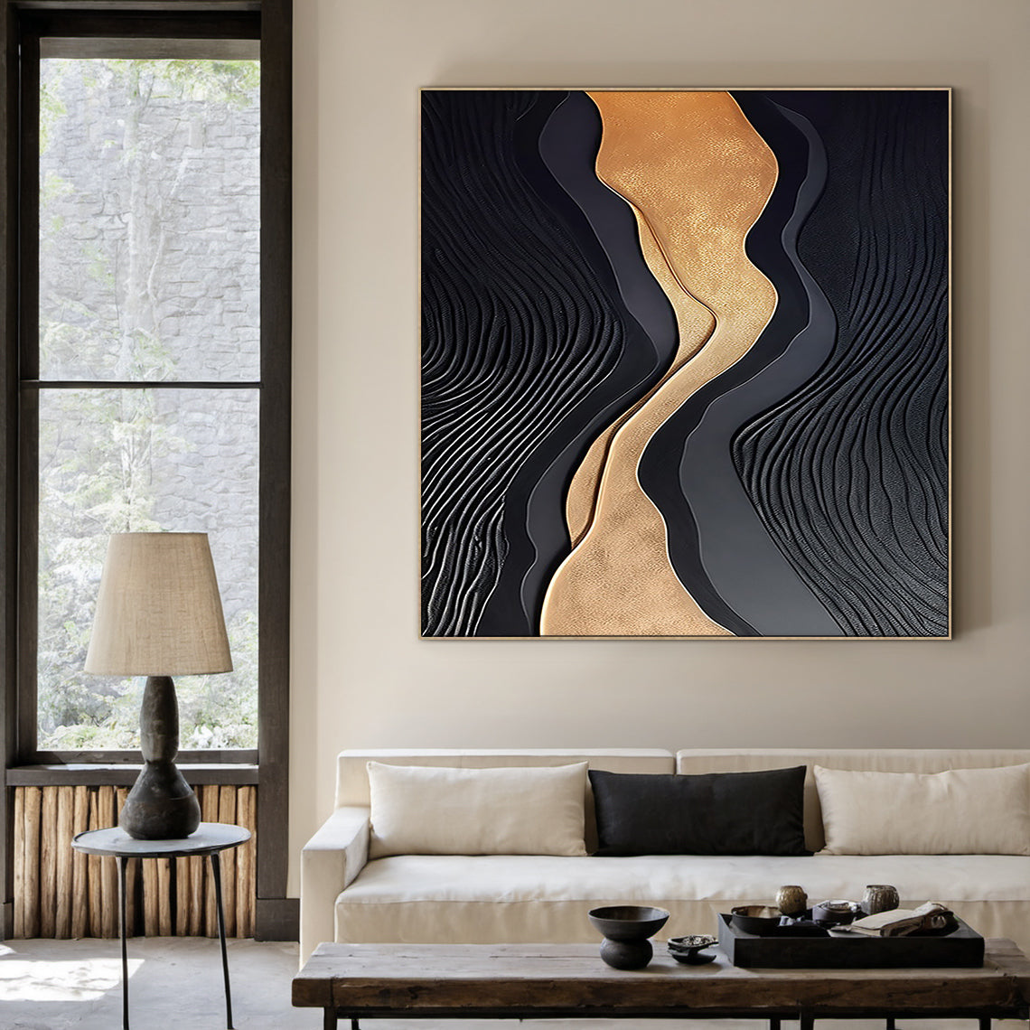Metallic Topography Painting – Onyx & Gold Accents – AURA033(Square)