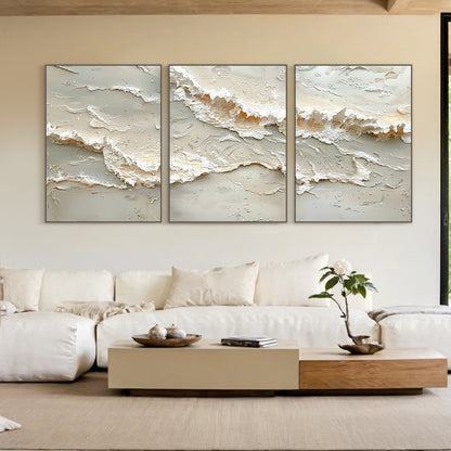 Beige 3D Textured Abstract Painting Triptych Living Room Wall Art AURA166
